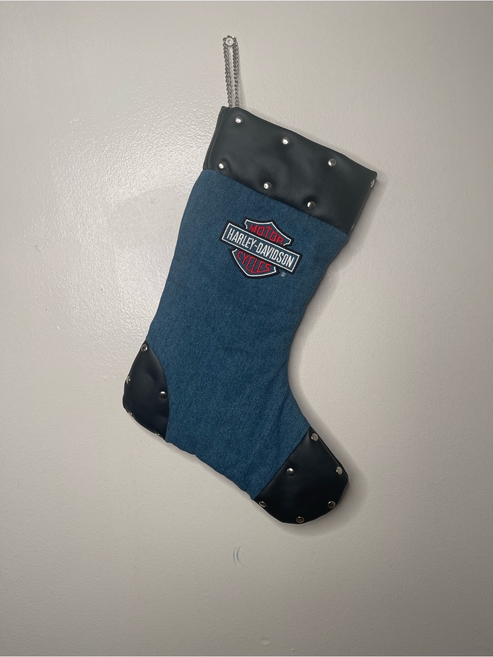 Harley Davidson blue denim Christmas stocking with black leather accents